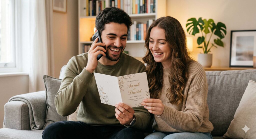 זוג מחזיק הזמנה לחתונה ומאשר את הגעתו לאירוע זוג מחזיק הזמנה לחתונה ומאשר את הגעתו לאירוע